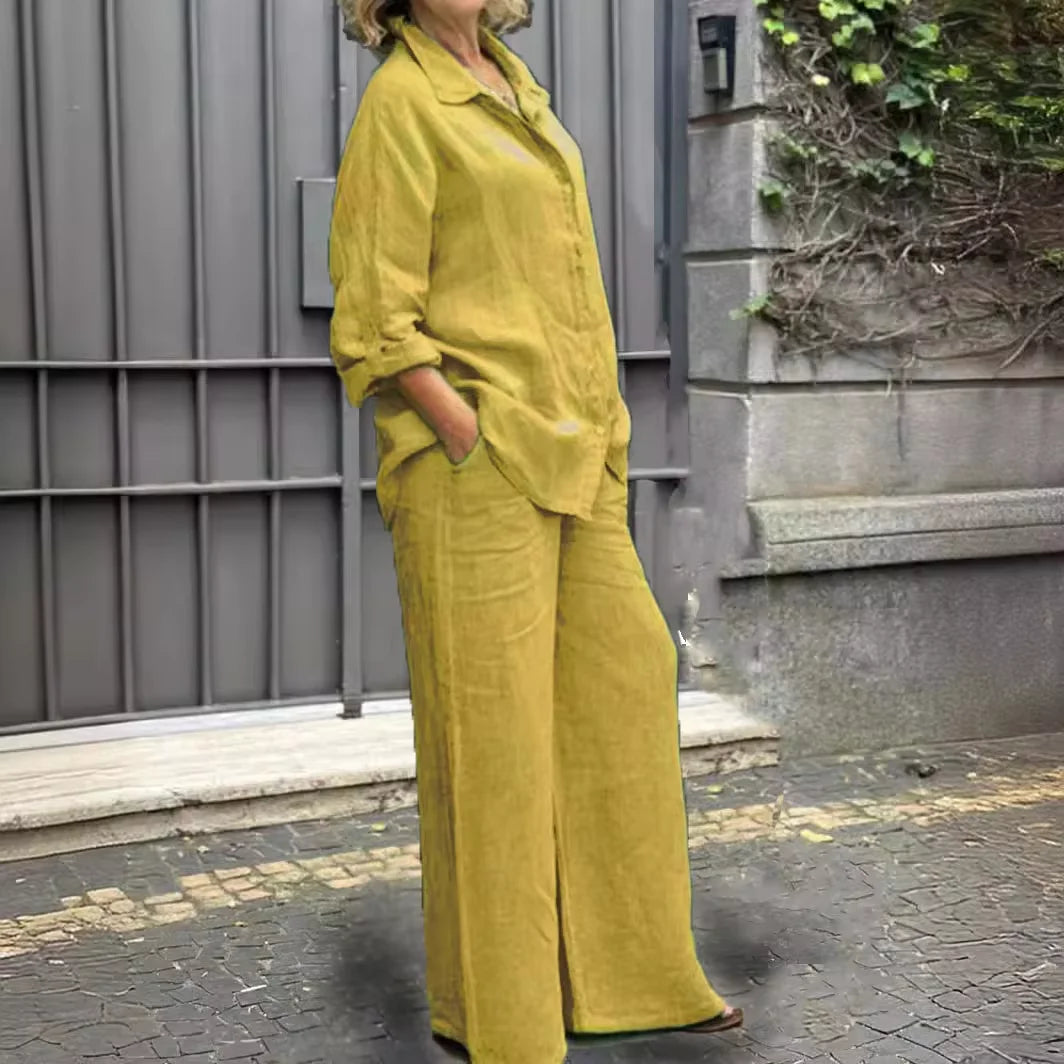Women Linen Casual Shirt 2 Pieces Set Fashion Lapel Long Sleeve Button Blouse And Trousers Outfits Loose Wide Leg Pants Suits