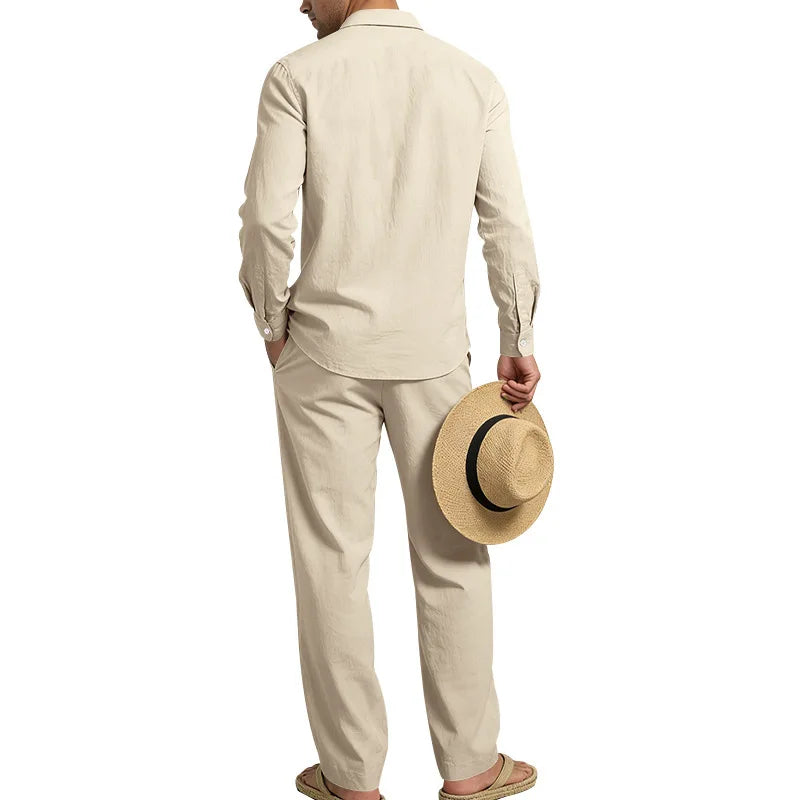 Men's Loose Fit Linen 2 Piece Outfit Solid Color Casual Long Sleeve Hooded Shirt & Long Pants Breathable Suit