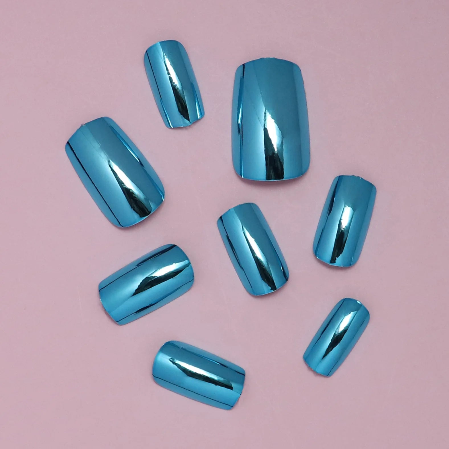 24pcs/set short fake nails metallic red black rose green blue silver golden square tips mirror effect press on false nail art