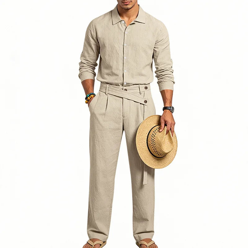 Men's Loose Fit Linen 2 Piece Outfit Solid Color Casual Long Sleeve Hooded Shirt & Long Pants Breathable Suit