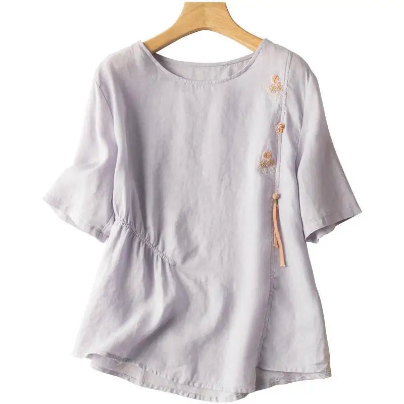 Short-sleeved Linen Tops with Folded Buttons of Artistic Retro Cotton Linen T-shirts Versatile Loose Embroidery 2025 Summer Tops