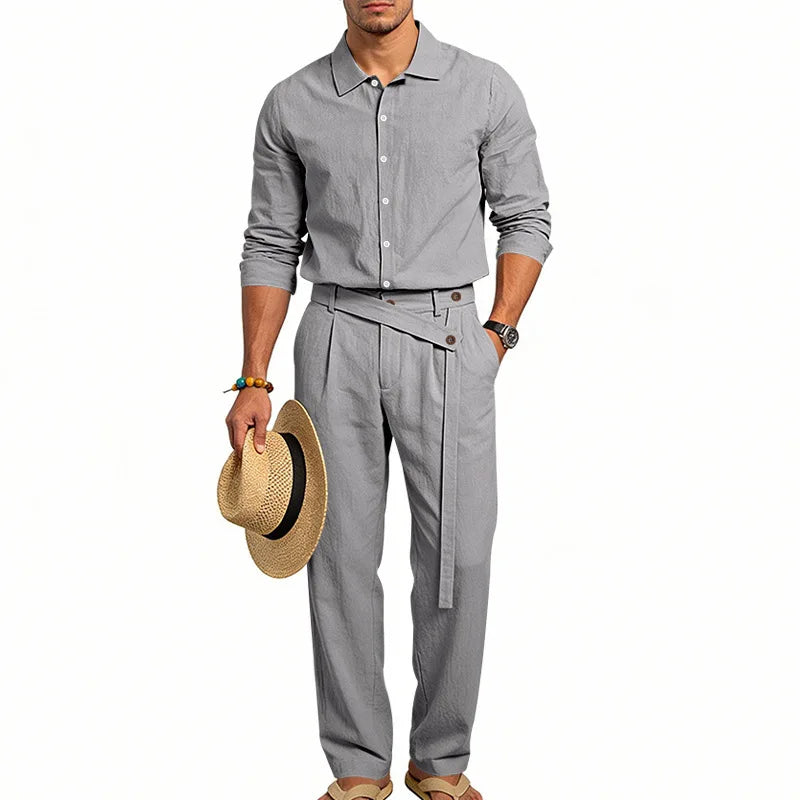 Men's Loose Fit Linen 2 Piece Outfit Solid Color Casual Long Sleeve Hooded Shirt & Long Pants Breathable Suit