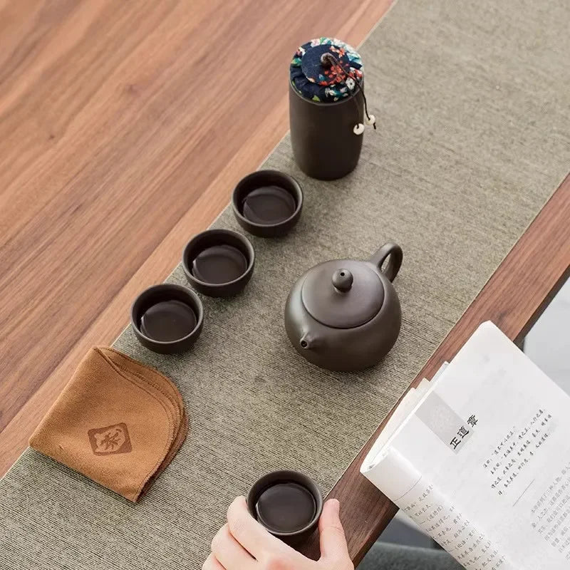 1set - Tea Set-Portable tea set with travel case, including teapot, teacup, tea can, tea cloth - Suitable for family use