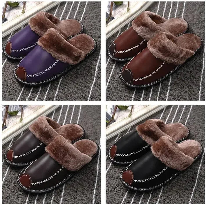 Men Women Winter Leather Slippers Bedroom Cotton Slippers Male Waterproof Thick Plus Velvet Indoor Warm House Home Slippers Shoe