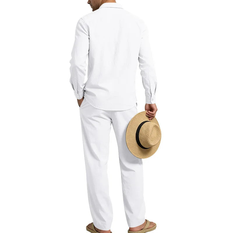 Men's Loose Fit Linen 2 Piece Outfit Solid Color Casual Long Sleeve Hooded Shirt & Long Pants Breathable Suit