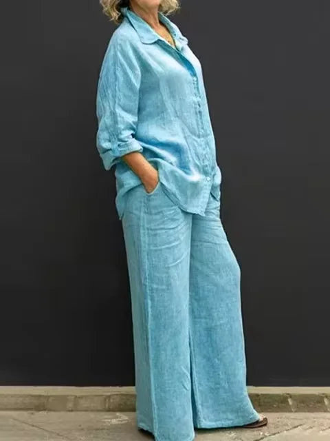 Women Linen Casual Shirt 2 Pieces Set Fashion Lapel Long Sleeve Button Blouse And Trousers Outfits Loose Wide Leg Pants Suits
