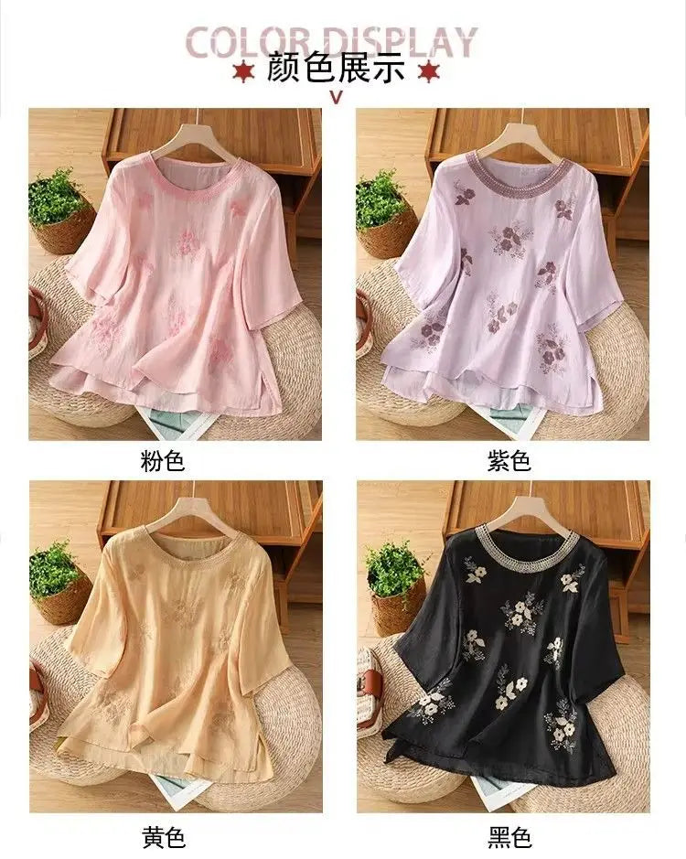 Women's Casual Linen Blouse Floral Embroidery Round Neck Short Sleeve Side Split Loose Fit Summer Tops