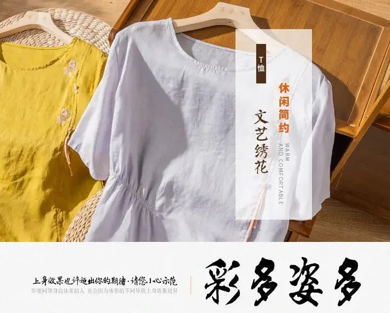 Short-sleeved Linen Tops with Folded Buttons of Artistic Retro Cotton Linen T-shirts Versatile Loose Embroidery 2025 Summer Tops