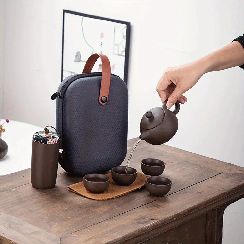 1set - Tea Set-Portable tea set with travel case, including teapot, teacup, tea can, tea cloth - Suitable for family use