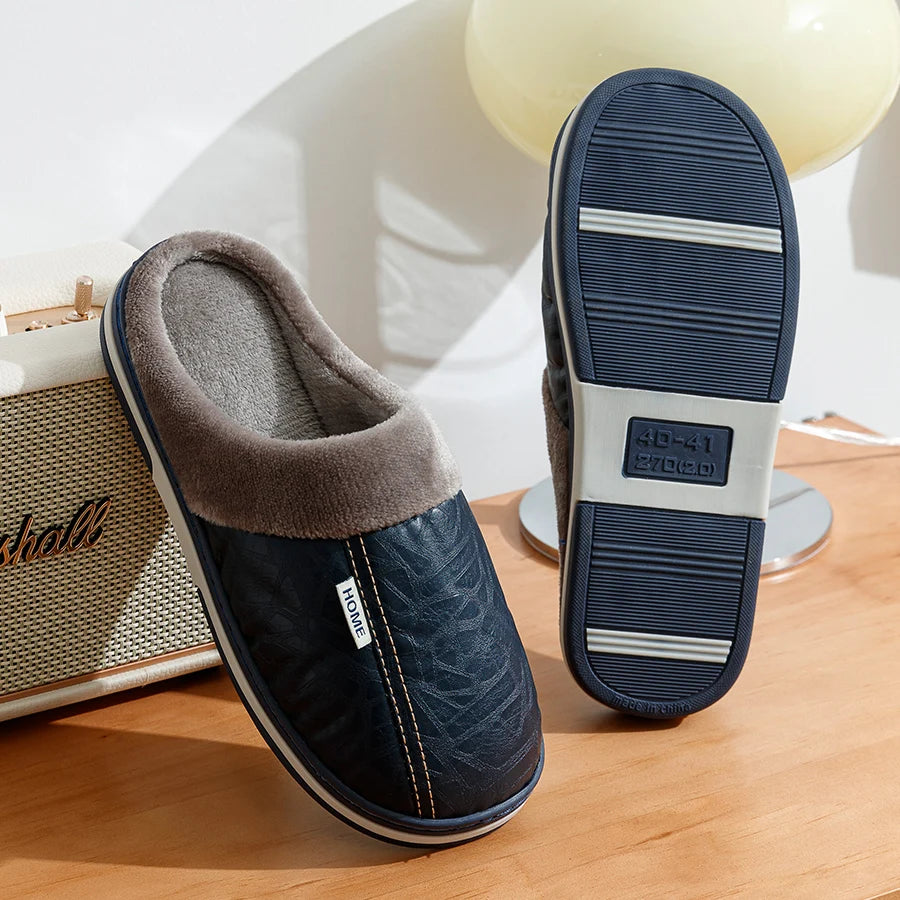 Bedroom Fashion Warm Soft Winter Men's Slippers Indoor Comfy Casual Big Size Anti-slip PU Surface Waterproof Home Plush Shoes