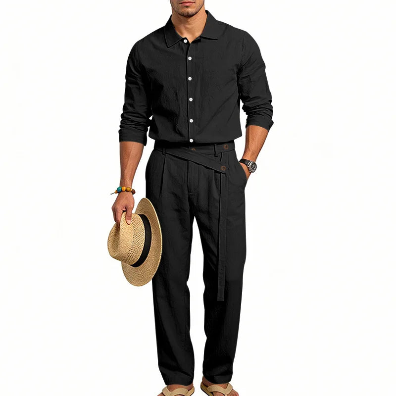 Men's Loose Fit Linen 2 Piece Outfit Solid Color Casual Long Sleeve Hooded Shirt & Long Pants Breathable Suit