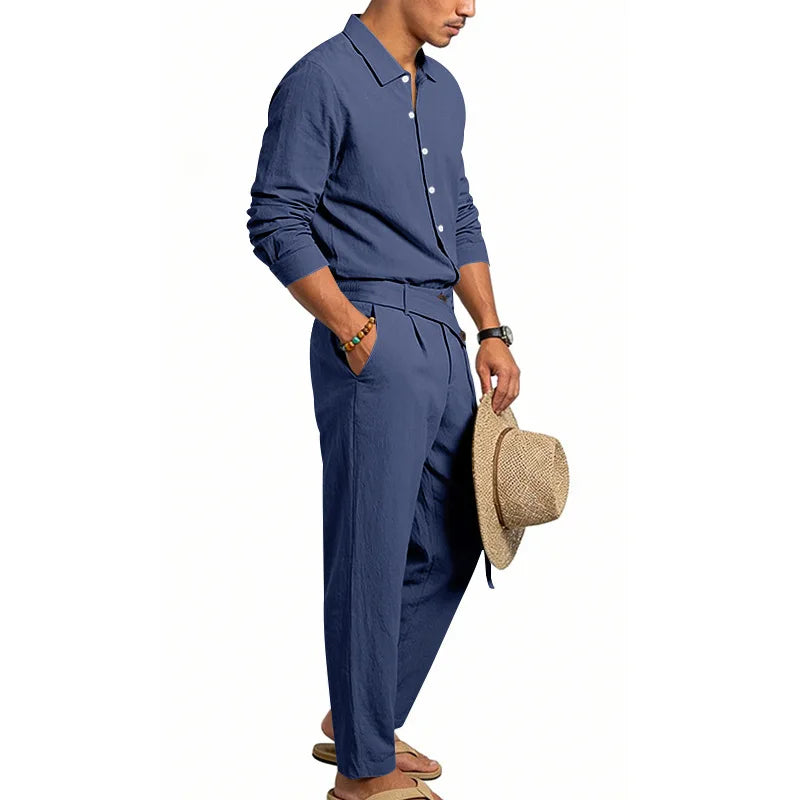 Men's Loose Fit Linen 2 Piece Outfit Solid Color Casual Long Sleeve Hooded Shirt & Long Pants Breathable Suit