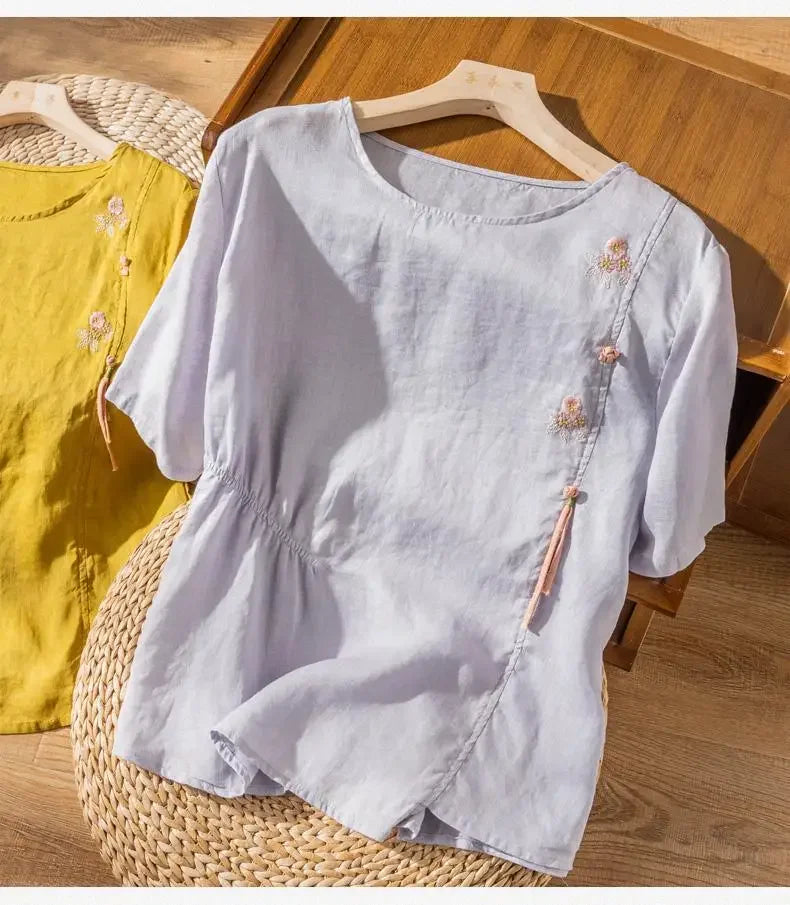 Short-sleeved Linen Tops with Folded Buttons of Artistic Retro Cotton Linen T-shirts Versatile Loose Embroidery 2025 Summer Tops