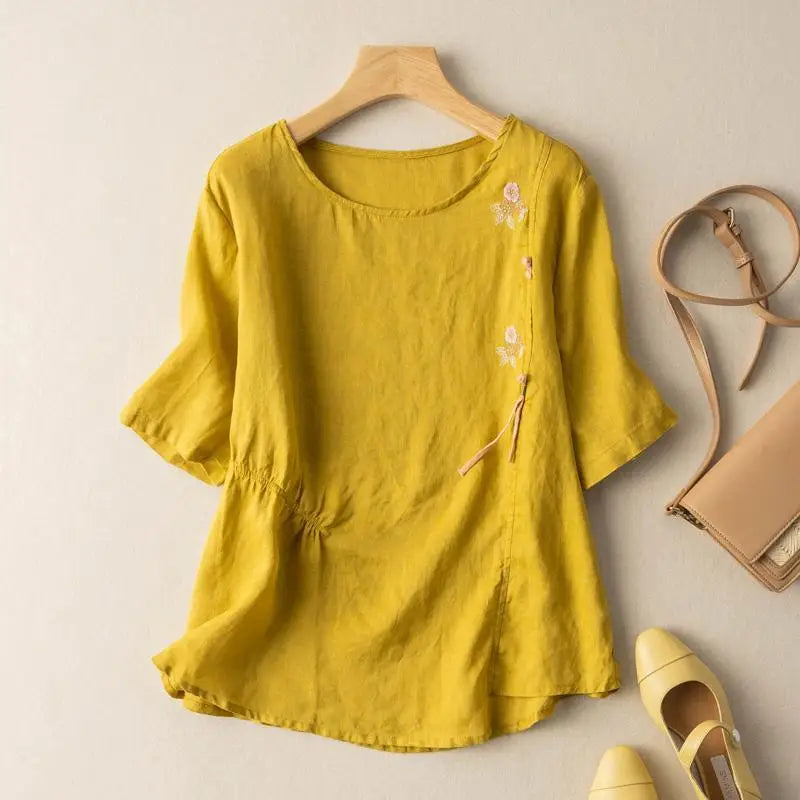 Short-sleeved Linen Tops with Folded Buttons of Artistic Retro Cotton Linen T-shirts Versatile Loose Embroidery 2025 Summer Tops