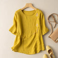 Short-sleeved Linen Tops with Folded Buttons of Artistic Retro Cotton Linen T-shirts Versatile Loose Embroidery 2025 Summer Tops