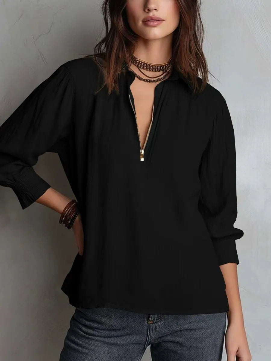 Women‘s Linen Shirt, Oversized Zip-Up Blouse, Casual Loose Fit Pure Color Top, Summer Long Sleeve Shirts for Women •
