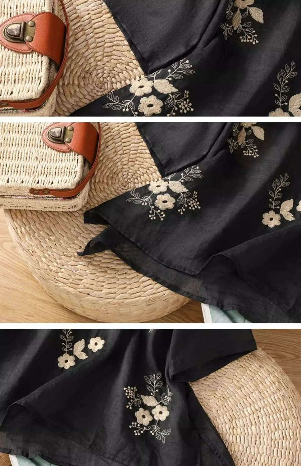 Women's Casual Linen Blouse Floral Embroidery Round Neck Short Sleeve Side Split Loose Fit Summer Tops