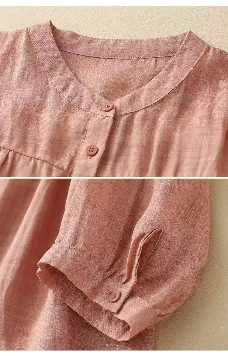Women's Linen Cotton Blouse - Stand Collar 3/4 Sleeve Loose Fit Casual Shirt