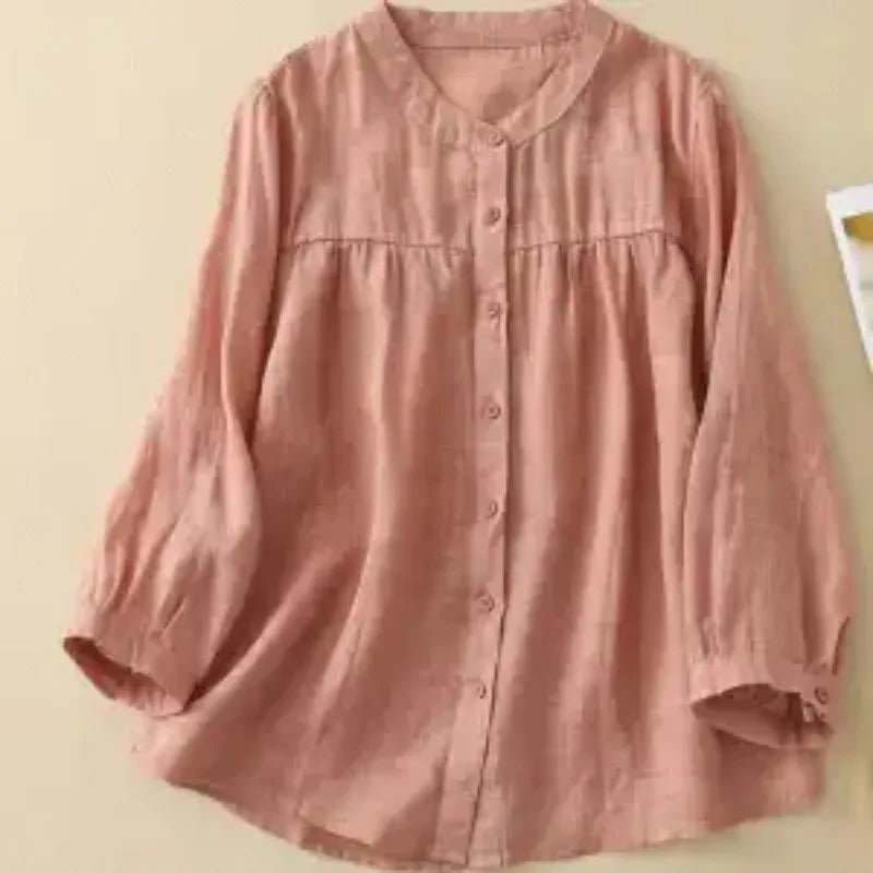 Women's Linen Cotton Blouse - Stand Collar 3/4 Sleeve Loose Fit Casual Shirt