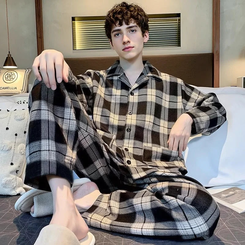 Men's Pajamas Can Be Worn Outside in Spring and Autumn, Cardigan Long-Sleeved New Casual Home Wear Men's Autumn and Winter Suits