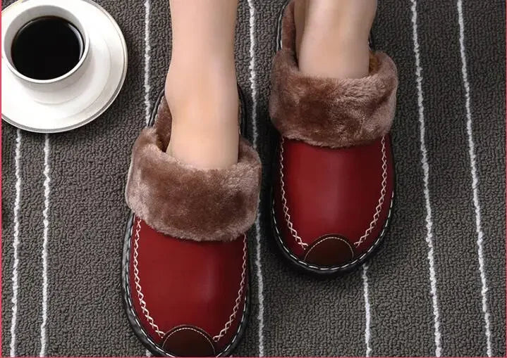 Men Women Winter Leather Slippers Bedroom Cotton Slippers Male Waterproof Thick Plus Velvet Indoor Warm House Home Slippers Shoe