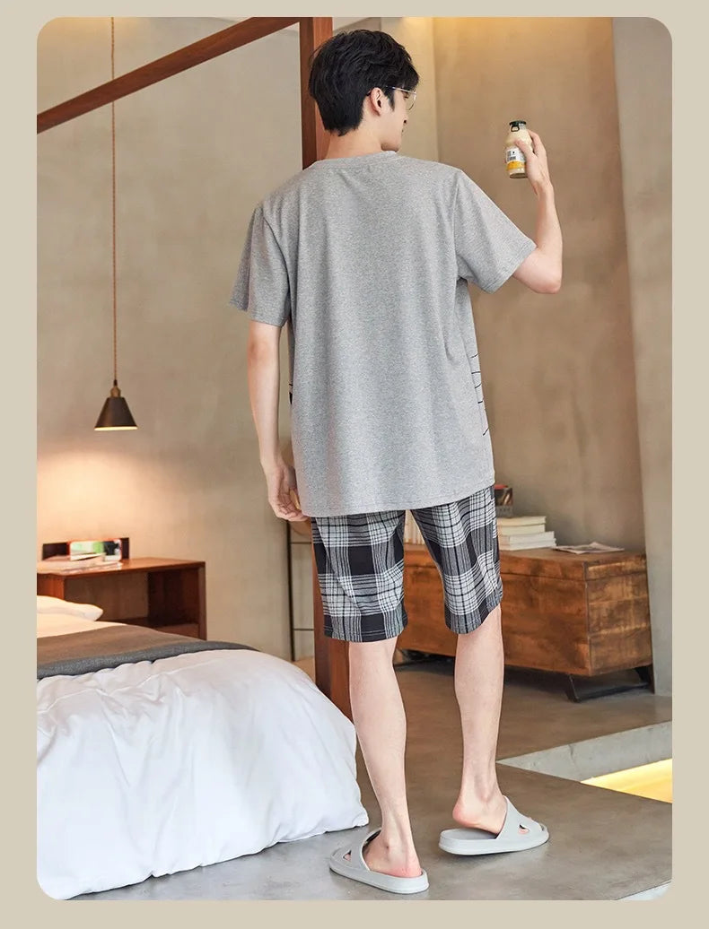 Men’s Pajamas Summer Short Sleeve Thin Loose Comfortable Casual Loungewear Set 2 Piece Set Casual Simple Sleepwear Homewear