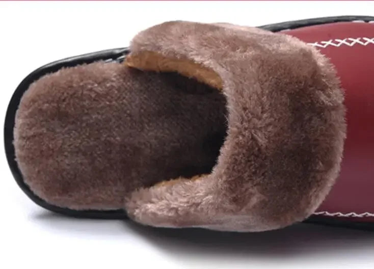Men Women Winter Leather Slippers Bedroom Cotton Slippers Male Waterproof Thick Plus Velvet Indoor Warm House Home Slippers Shoe
