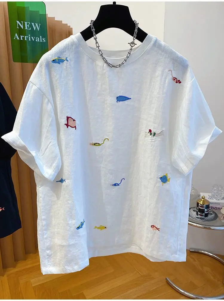 Embroidered Cotton Linen Short-sleeved T-shirt Summer New Loose Casual Round Neck Top for Women