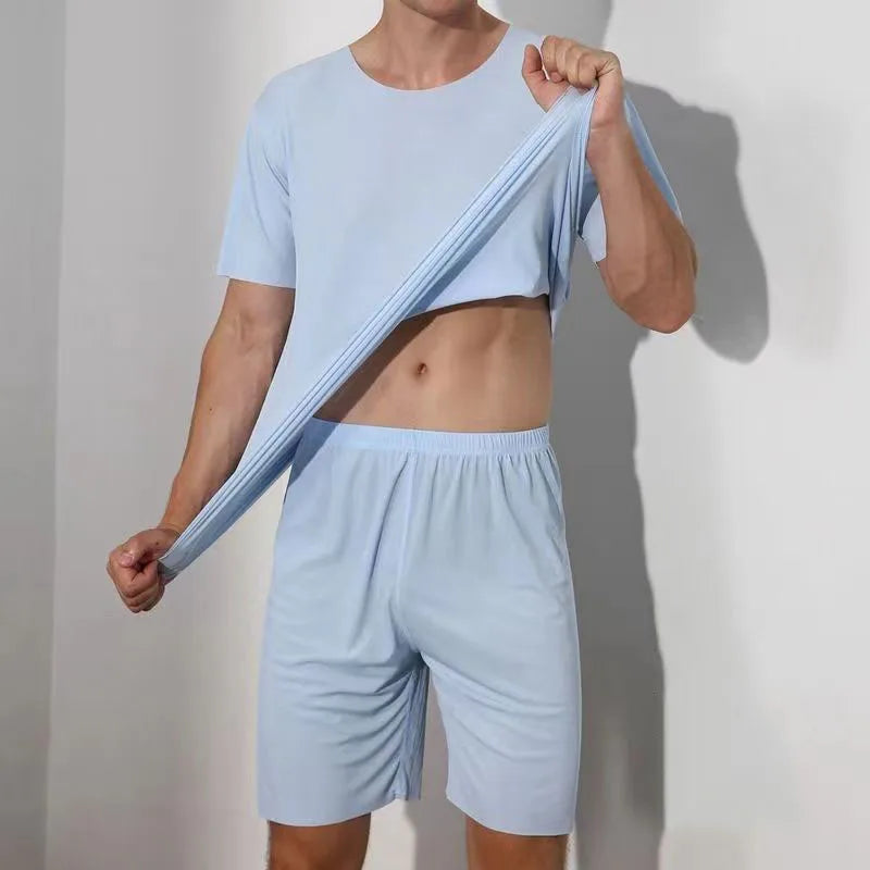 Men's Pajamas Homewear Short-Sleeved T-Shirt Youth Sports and Leisure Loose Elastic Tops and Pants Solid 2PCS/Set Four Season