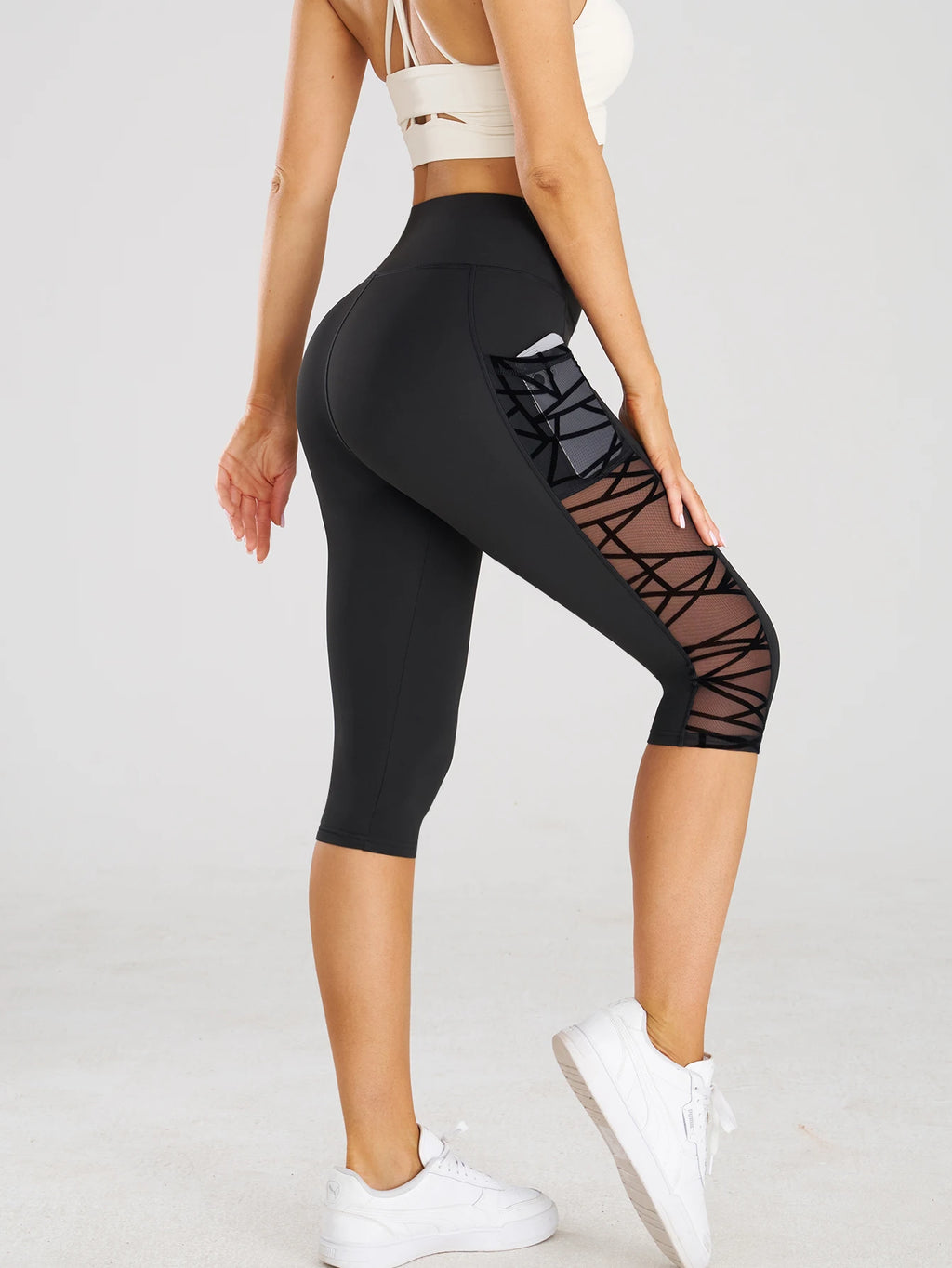 High Waist Yoga Crop Pants Leggings With Pockets Sports Fitness Casual Tight Yoga Pants Side Cross Mesh Stitch Capri Leggings