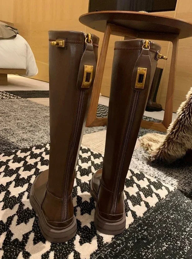 Women's Long Boots Round Toe Winter 2025 Ladies Knee High Shaft Shoes Large Size Warm Spring Autumn Y2k Trend Pu Hot Work Sale