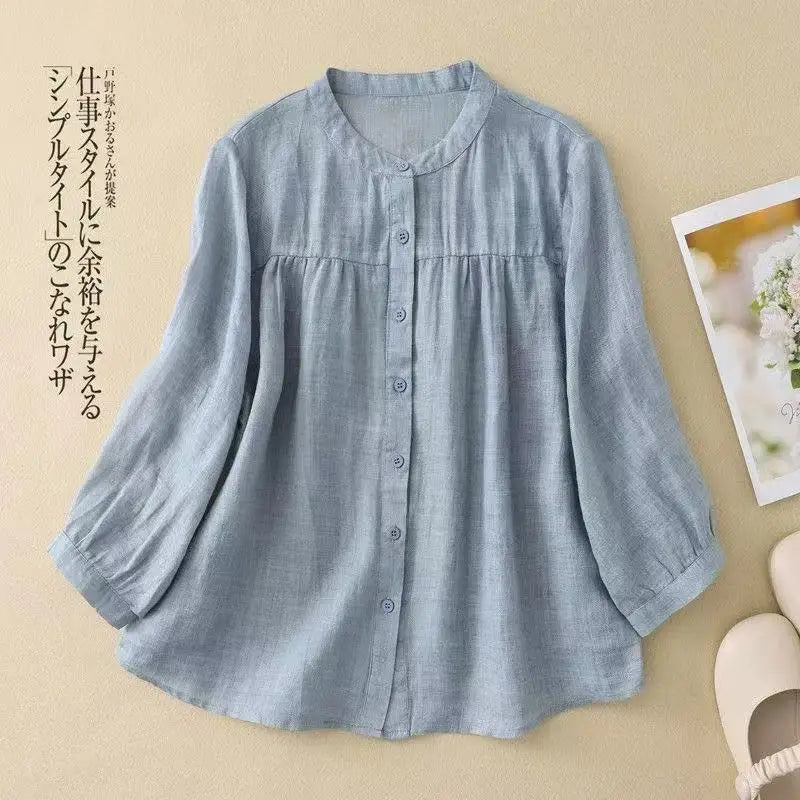 Women's Linen Cotton Blouse - Stand Collar 3/4 Sleeve Loose Fit Casual Shirt