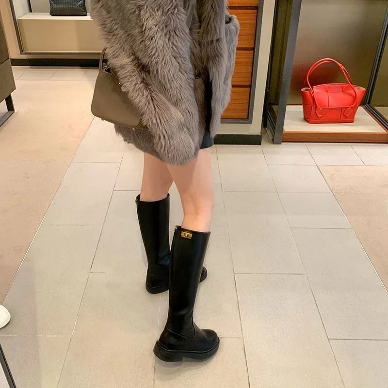 Women's Long Boots Round Toe Winter 2025 Ladies Knee High Shaft Shoes Large Size Warm Spring Autumn Y2k Trend Pu Hot Work Sale