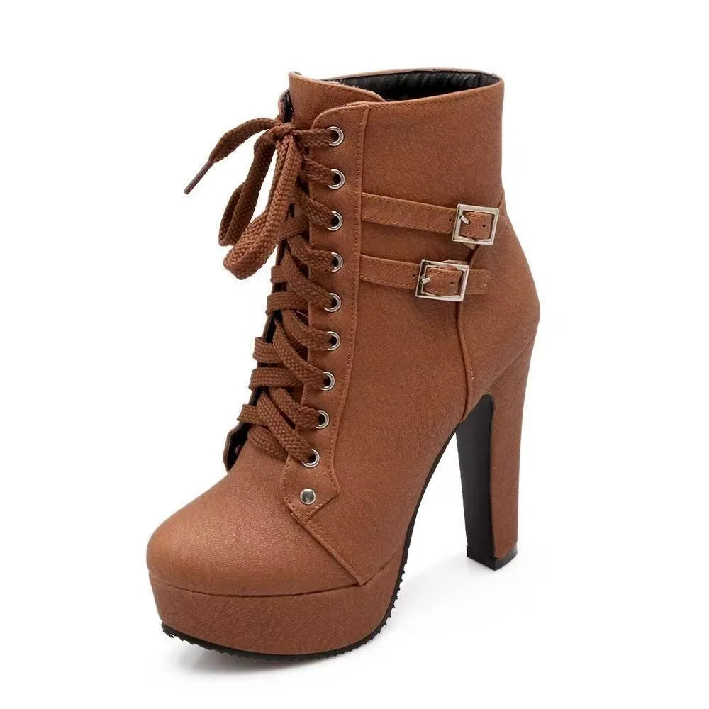 European and American Style Women's Boots - Ankle Boots with Cross Straps High Heels Platform Belt Buckle &Low-Cut Design