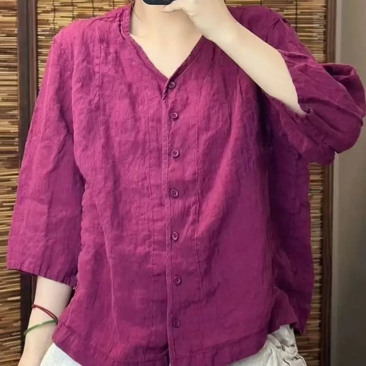 2025 New Solid Color Linen Loose Top Artistic Casual Three-quarter Sleeve Cardigan Shirt