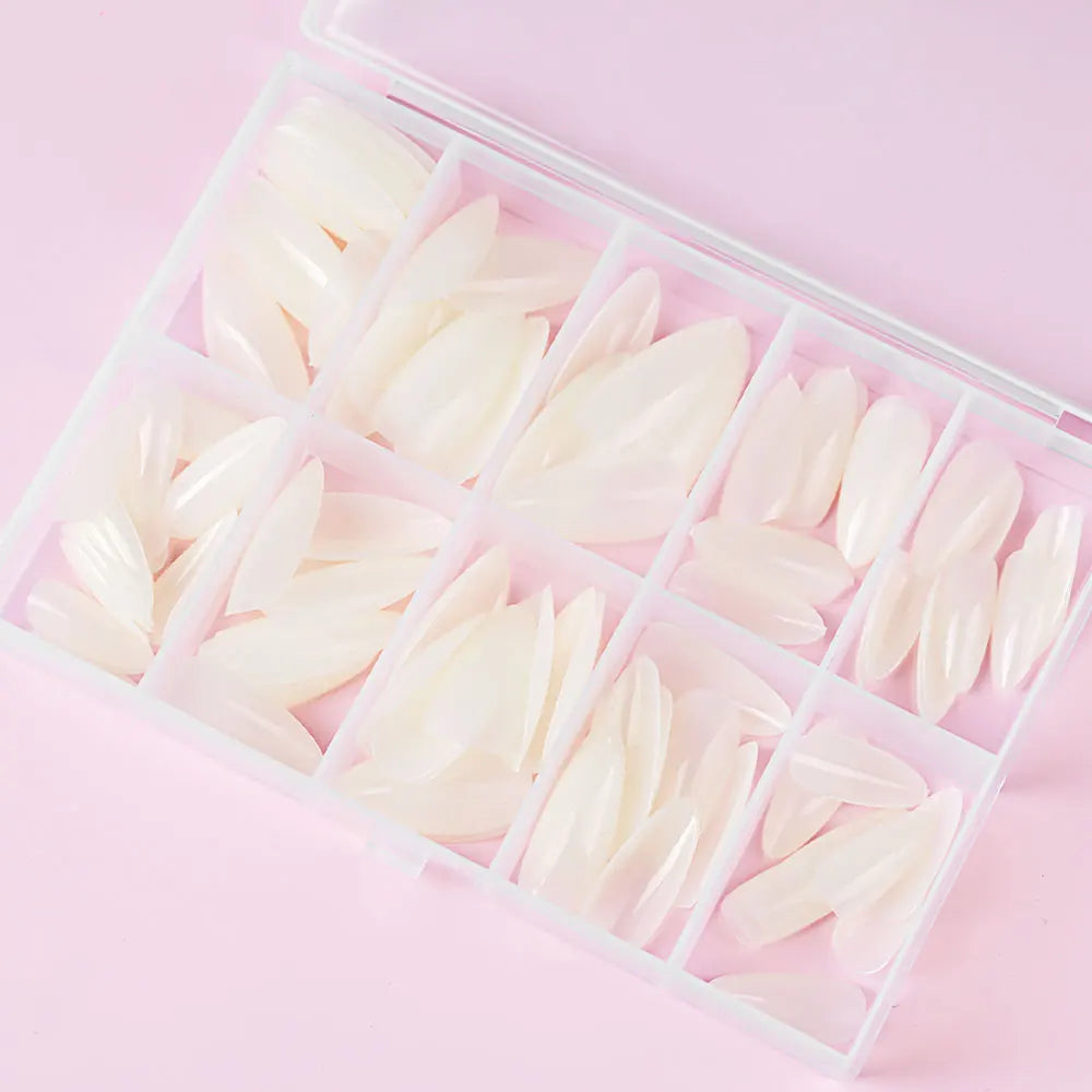 120pcs/box Red White Glossy Acrylic Medium Almond False Nails Solid Color Press-On Nails 12 Sizes Almond Artificial Fake Nails