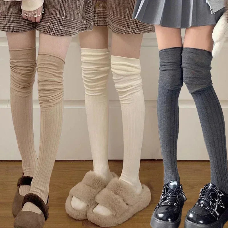 2pairs Women's Knee-length Socks Ladies Thigh-length SocksWarm Knitted Boot Socks Leg Warmers Japan JK Cotton Thigh High Bottoms