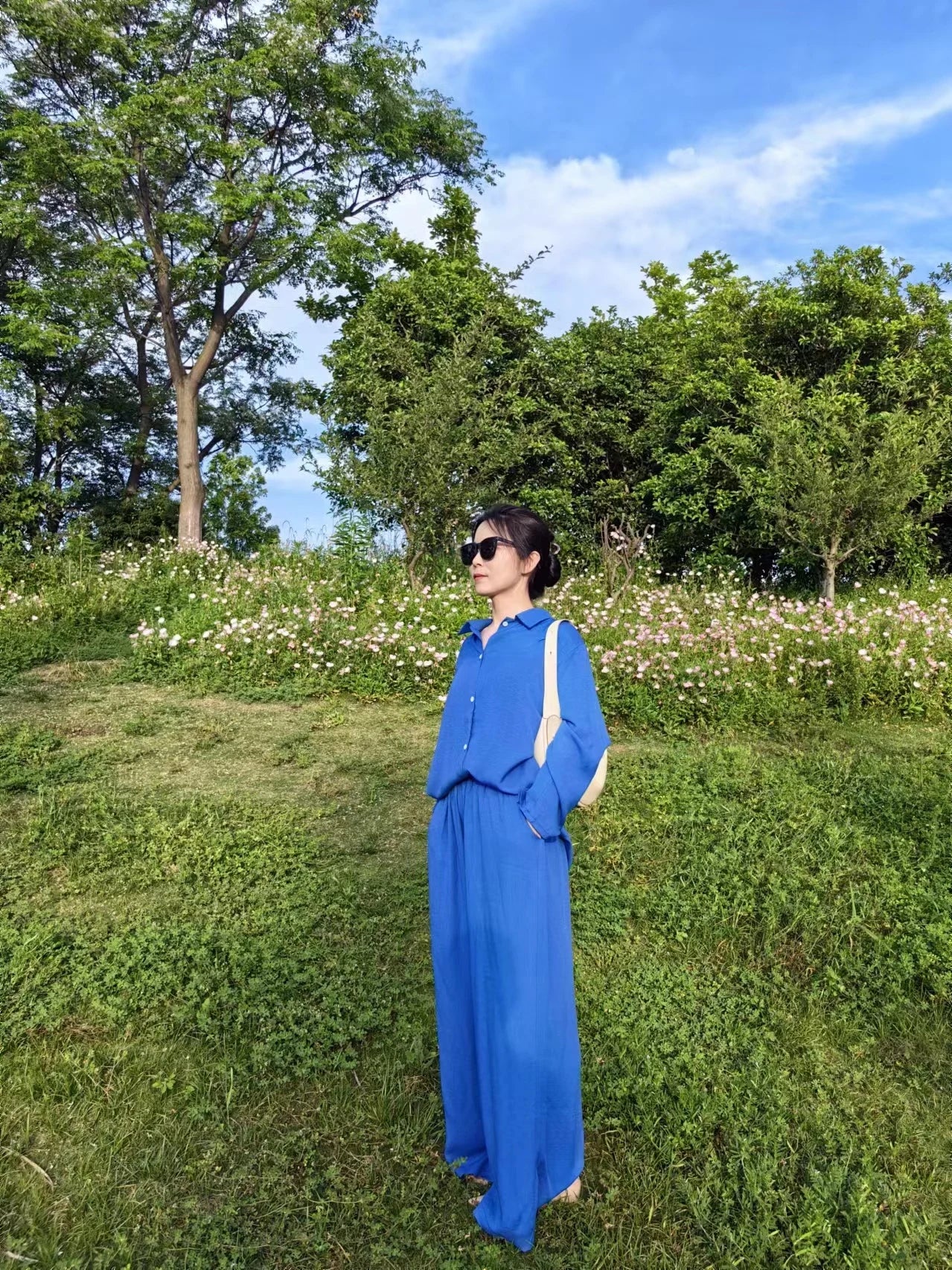 Women Linen Casual Shirt 2 Pieces Set Fashion Lapel Long Sleeve Button Blouse And Trousers Outfits Loose Wide Leg Pants Suits