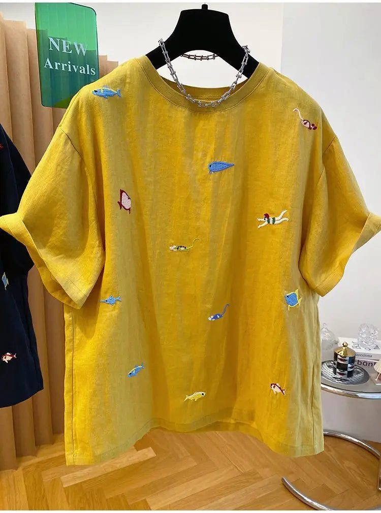Embroidered Cotton Linen Short-sleeved T-shirt Summer New Loose Casual Round Neck Top for Women