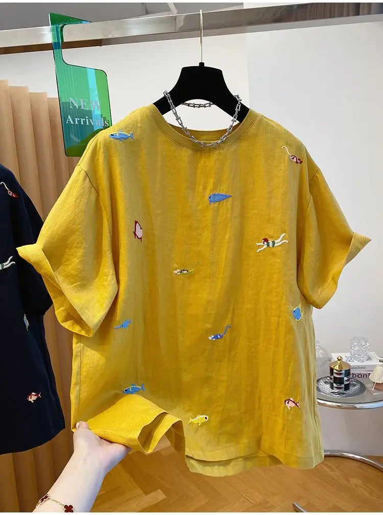 Embroidered Cotton Linen Short-sleeved T-shirt Summer New Loose Casual Round Neck Top for Women