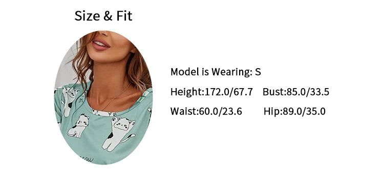 Women Pajamas Sets Short Sleeve Nightwear Top and Pants Sleepwear 2 Piece Pjs Loungewear Cartoon Print Pyjamas Set Nightwear