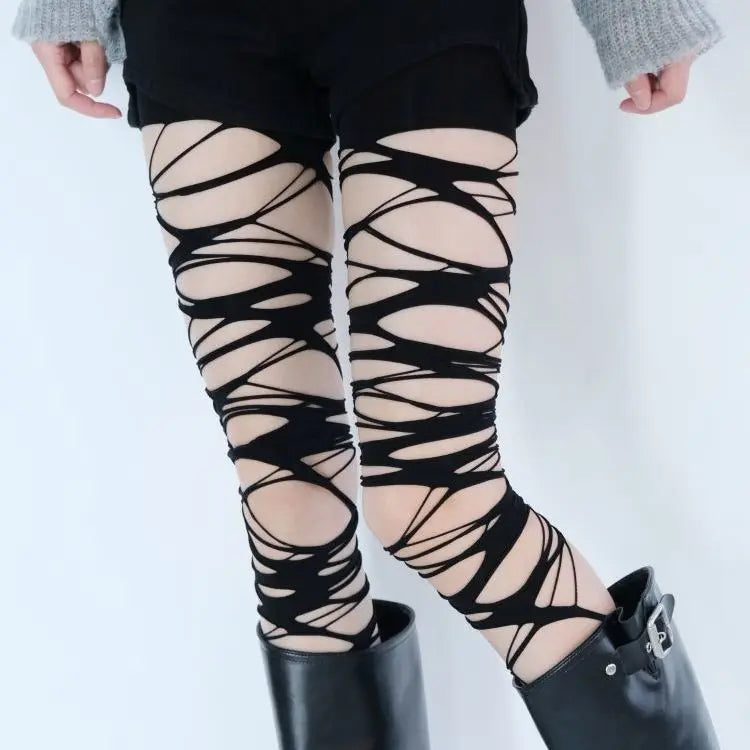 Fashion Punk Torn Strap Holes Tights Sexy Lolita Gothic Spider Web Stockings Ladies Black White Mesh Soft Tights High Hosiery