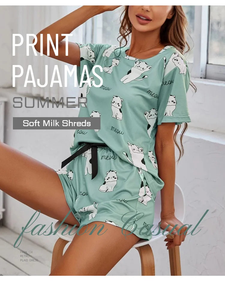 Women Pajamas Sets Short Sleeve Nightwear Top and Pants Sleepwear 2 Piece Pjs Loungewear Cartoon Print Pyjamas Set Nightwear