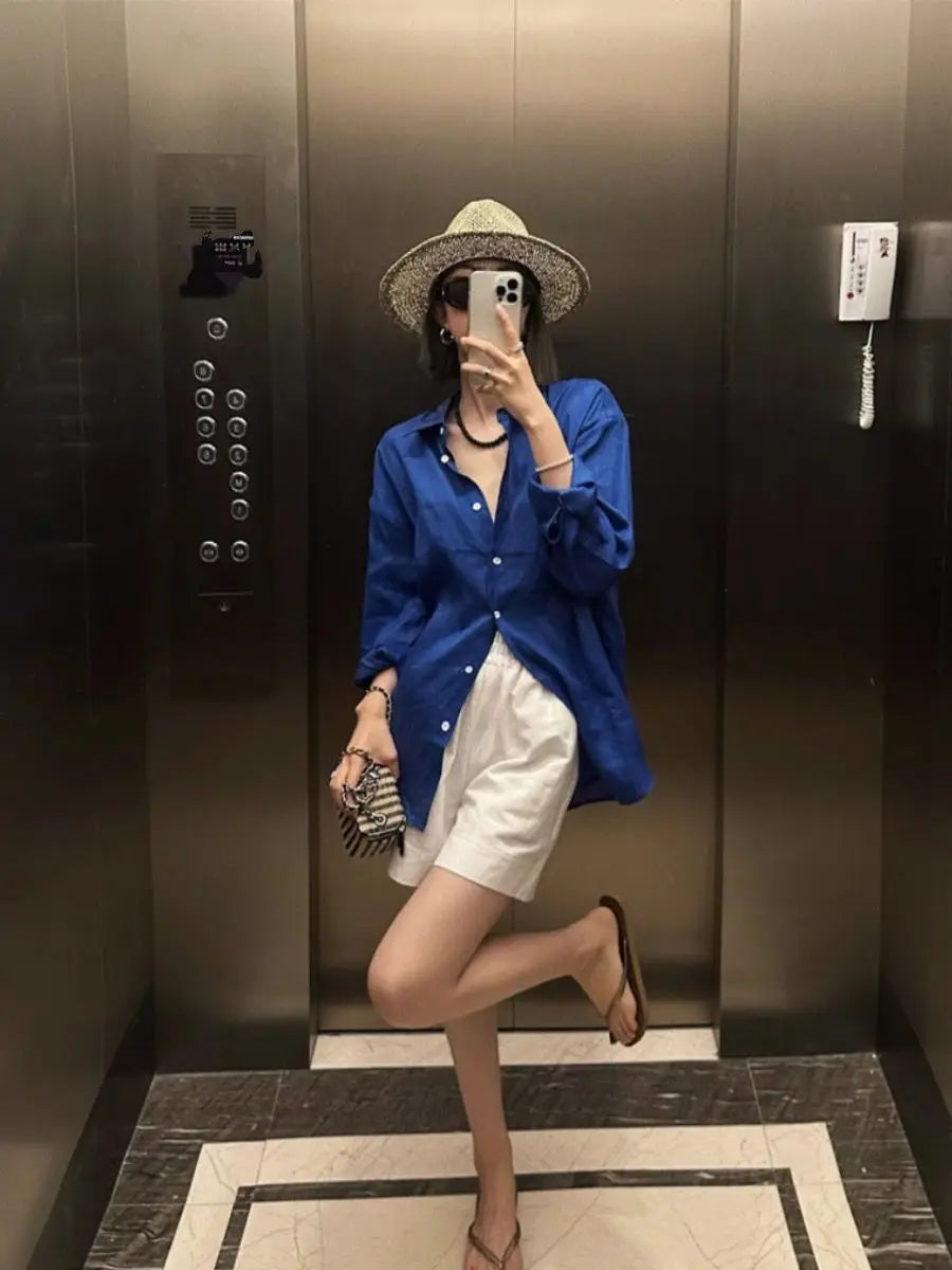 White Linen Long-sleeved Shirt for Women Summer Thin Loose Old Money Style Cotton and Linen Shirt with Sun Protection Top
