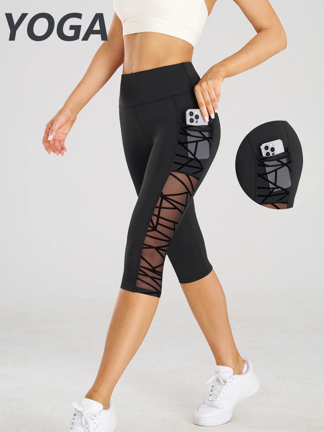 High Waist Yoga Crop Pants Leggings With Pockets Sports Fitness Casual Tight Yoga Pants Side Cross Mesh Stitch Capri Leggings