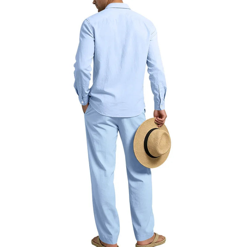 Men's Loose Fit Linen 2 Piece Outfit Solid Color Casual Long Sleeve Hooded Shirt & Long Pants Breathable Suit