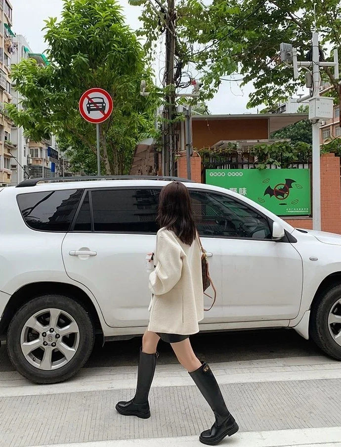 Women's Long Boots Round Toe Winter 2025 Ladies Knee High Shaft Shoes Large Size Warm Spring Autumn Y2k Trend Pu Hot Work Sale