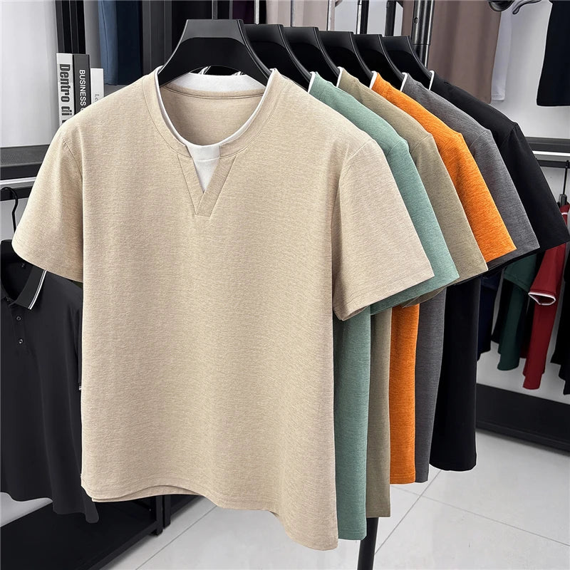 Men's Fashion V Neck T Shirt With Fake Two Piece Detail Soft Elastic Fabric For Daily And Casual Use
