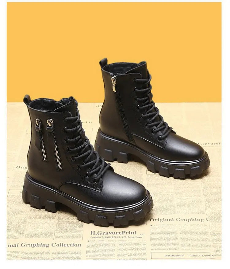 Booties 2025 New Korean Style Fleece-Lined Autumn Winter High-Top Cotton Shoes Women's Boots High Heel Mid-Calf Bootsins