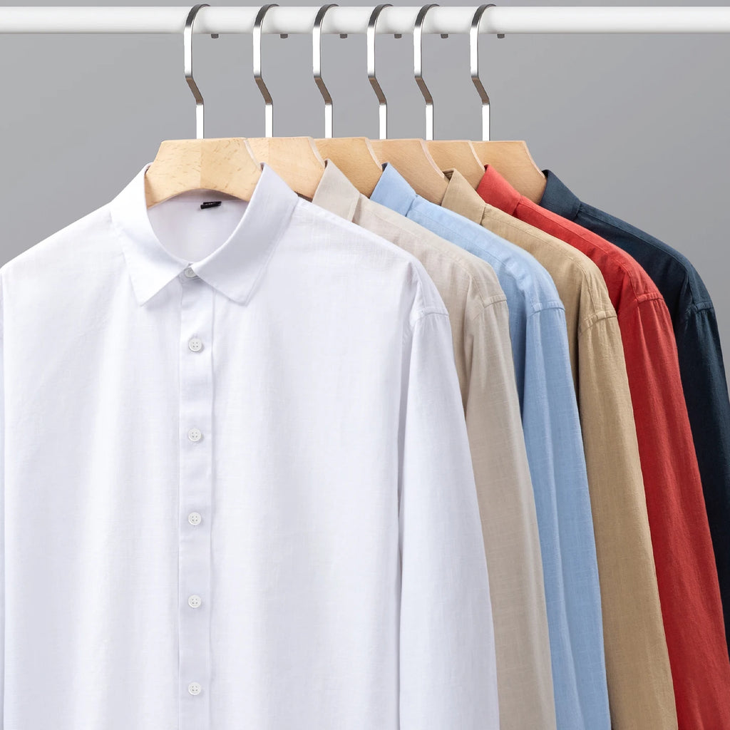Premium Linen Long-Staple Cotton Shirt Men's Casual Long Sleeve Solid Color Breathable Slim Fit Business Social Blouse Tops